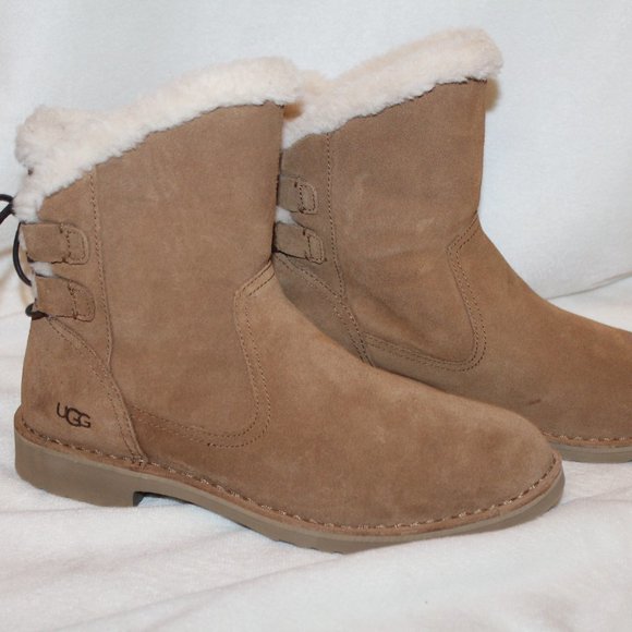 NEW UGG NAIYAH LACE UP SUEDE‎ SHEARLING LINED ANKLE BOOTIES CHESTNUT - Picture 4 of 8